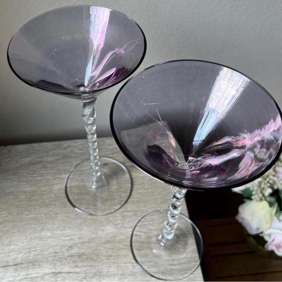 Pair/2 Romanian Blown Glass Amethyst Bowl Barley Twist Stem Tall Martini Glasses - Picture 7 of 12